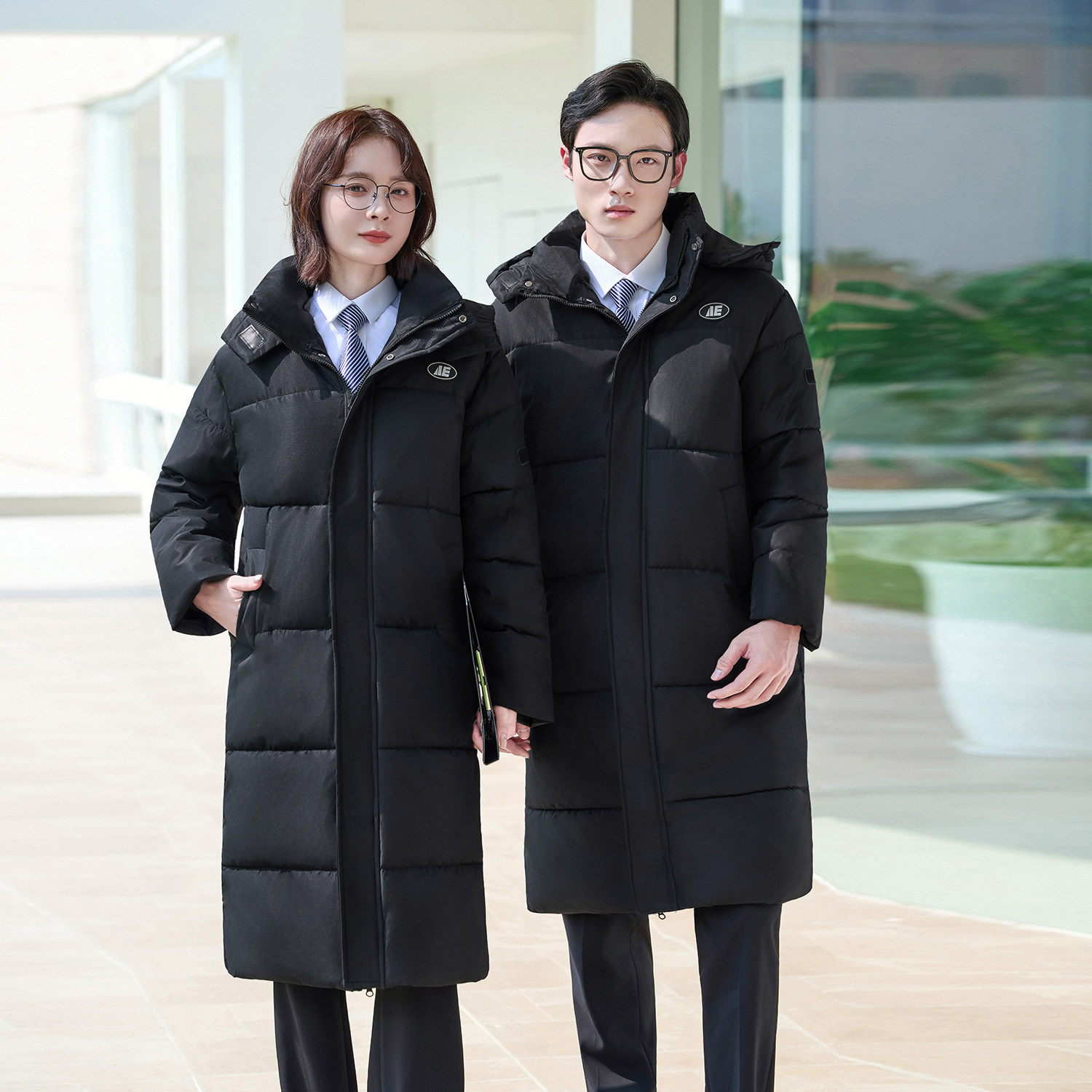 黑色连帽棉服男女同款冬季新款长款过膝职业工装加厚保暖棉衣外套