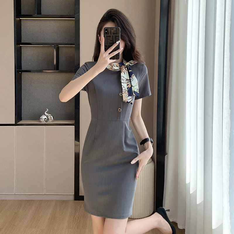 灰色短袖连衣裙女夏装新款职业正装4S店销售工装裙子美容院工作服