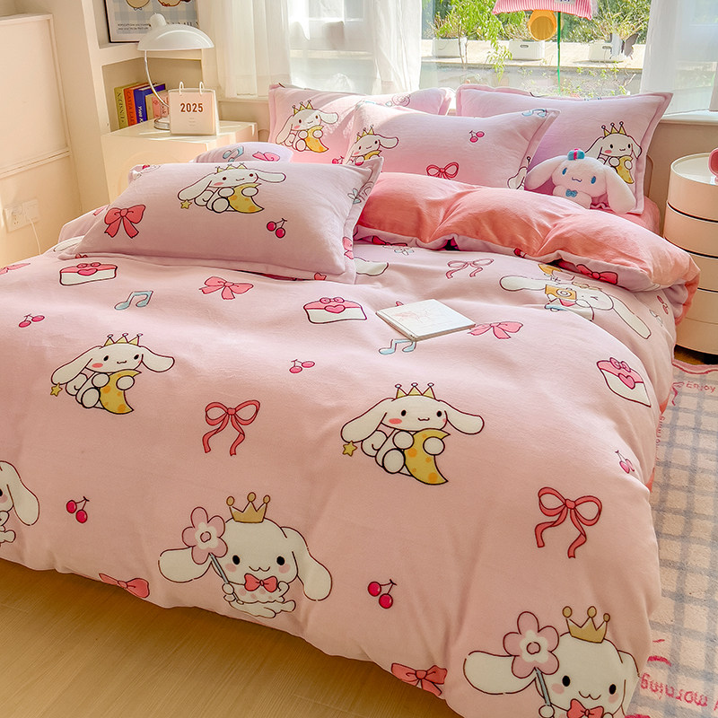 2025新款卡通牛奶绒四件套冬季加厚珊瑚绒床单床笠被套儿童三件套