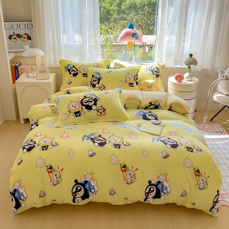 秋冬季牛奶绒可爱卡通蛋仔被套儿童珊瑚绒床单床笠四件套学生被罩