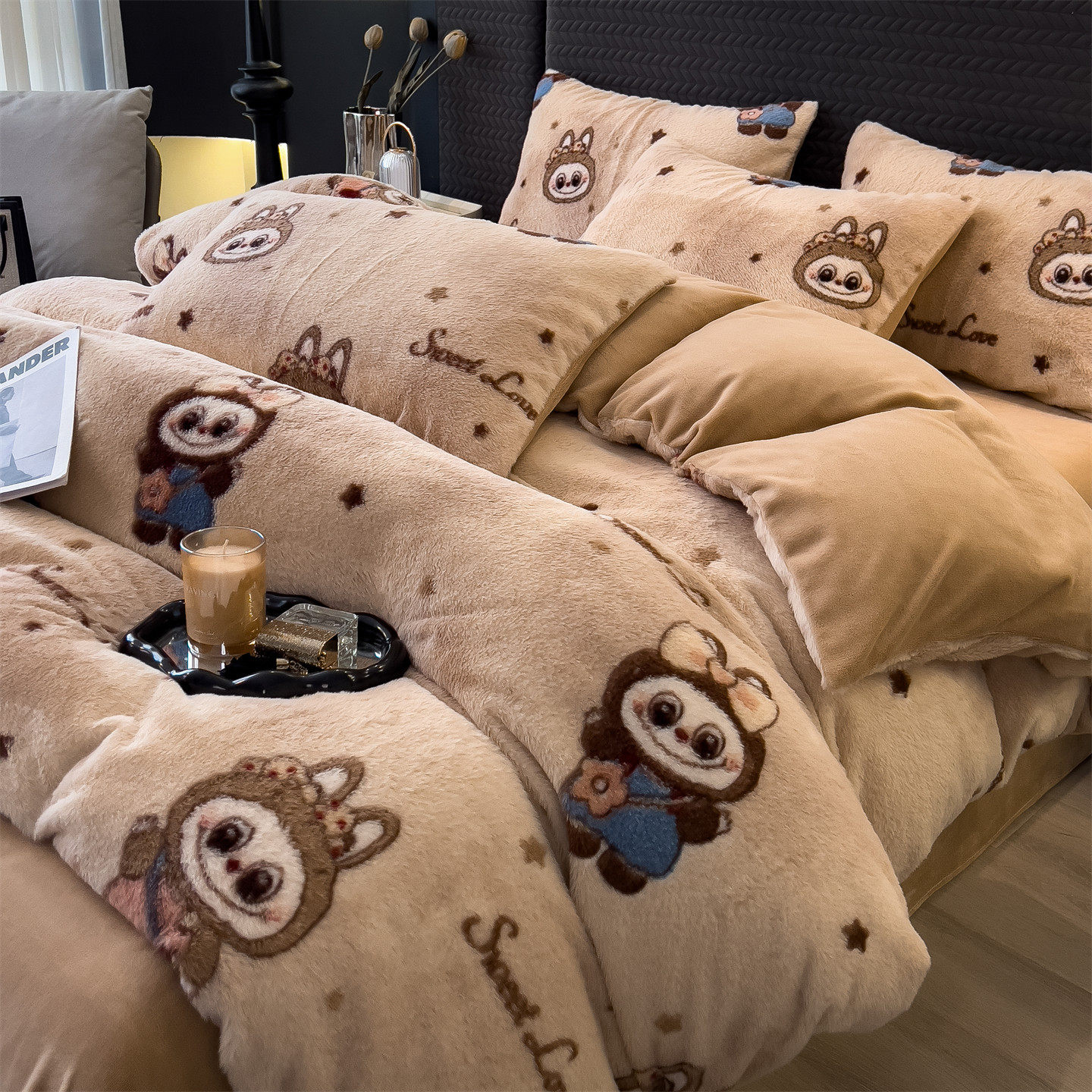 A类母婴级加厚美拉德兔毛绒四件套冬季加绒珊瑚牛奶绒被套床单笠