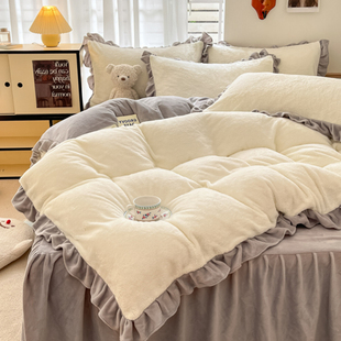 北极绒牛奶绒花边床裙款四件套加厚法兰绒被套罩床笠单双人公主风