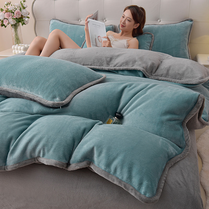 牛奶绒四件套双面绒法兰珊瑚绒冬天轻奢加厚被套罩床笠床单加绒三