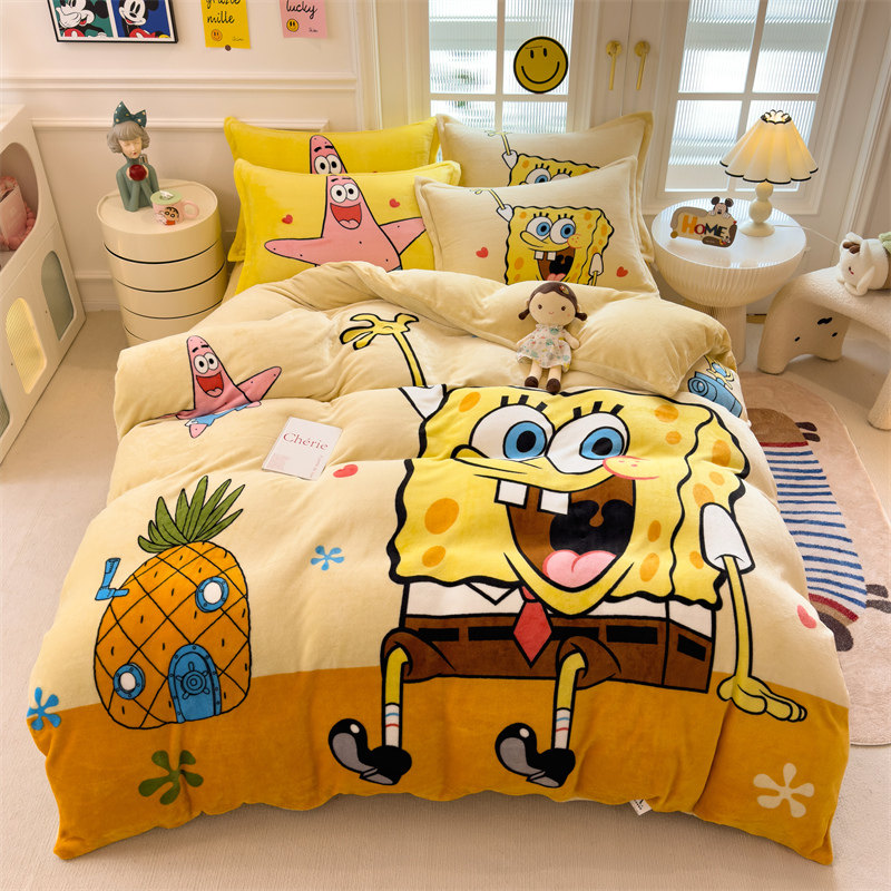 加厚牛奶绒卡通四件套珊瑚法兰绒被套罩床笠床单双人学生秋冬季