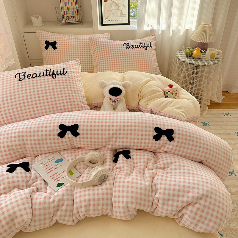 可爱ins加厚牛奶绒毛巾绣四件套法兰绒保暖被套罩床笠床单双人冬4