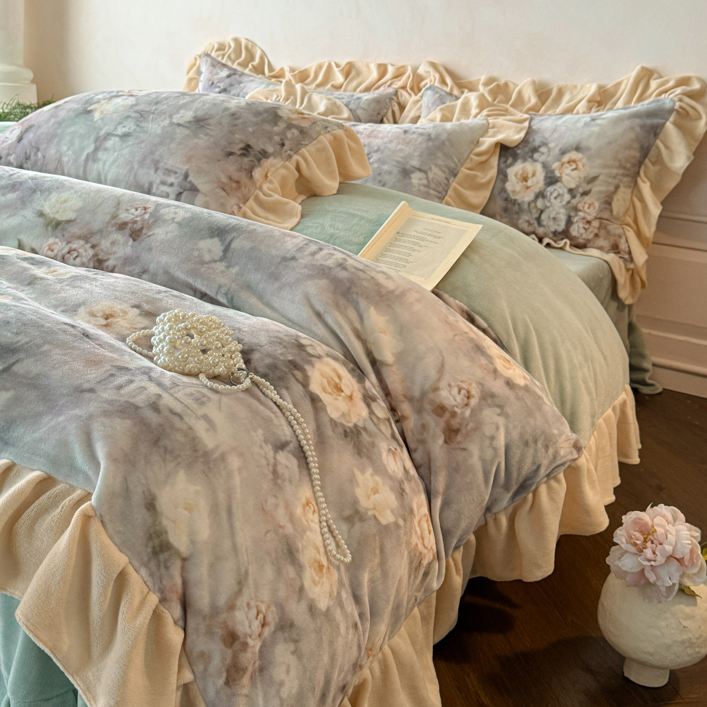 田园油画风牛奶绒数码花边款四件套冬季双面珊瑚绒被套床单床笠