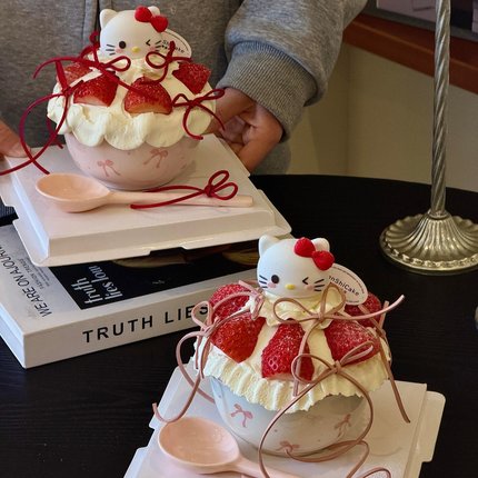 2025圣诞节kt猫草莓碗蛋糕装饰hellokitty甜品碗蝴蝶结陶瓷碗装扮