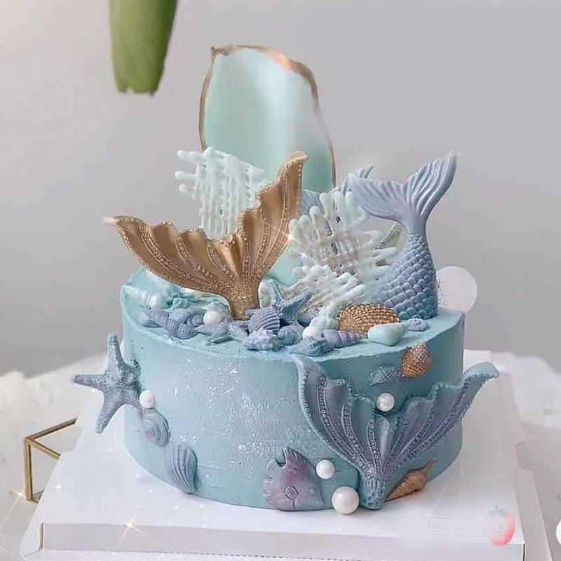 海洋风蛋糕装饰贝壳鱼尾巴硅胶模具美人鱼公主生日烘焙蛋糕摆件