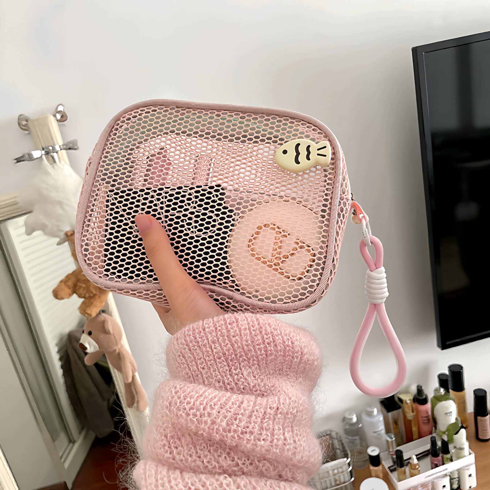 豆腐块网纱公主化妆包小型外出携带镂空方包口红护肤品手提收纳包