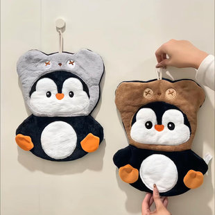 卡通可爱企鹅擦手巾挂式厨房化妆室不掉毛吸水速乾抹布加厚擦手帕