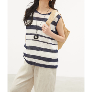 亚麻棉镂空提花不规则条纹针织无袖 清凉上衣3642