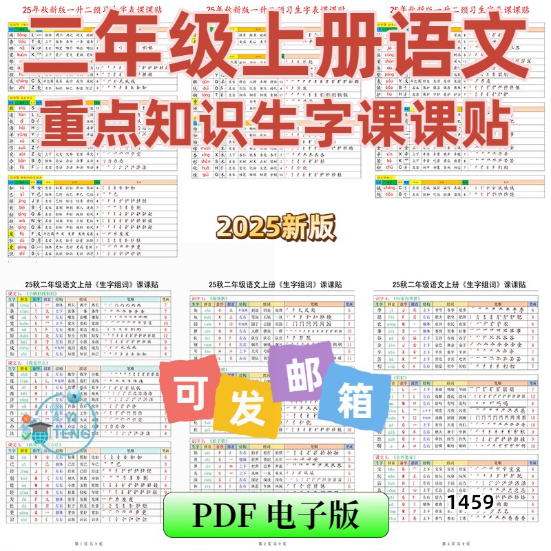 2025小学语文二年级上册彩色课课贴课文生字识字表组词笔顺电子版