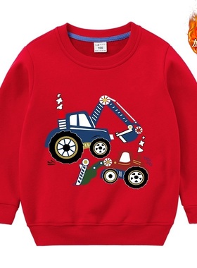 巴拉拉布比童装男童加绒卫衣红色上衣儿童加厚保暖中小童挖掘机