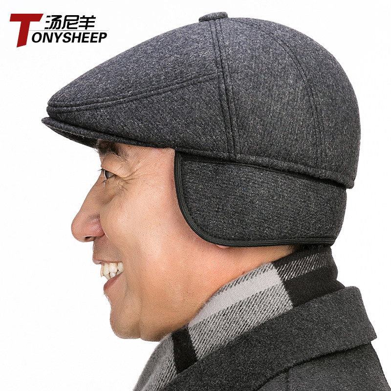 老人保暖鸭舌帽老头棉帽爷爷帽男士秋冬中老年人爸爸帽子毛呢毡帽