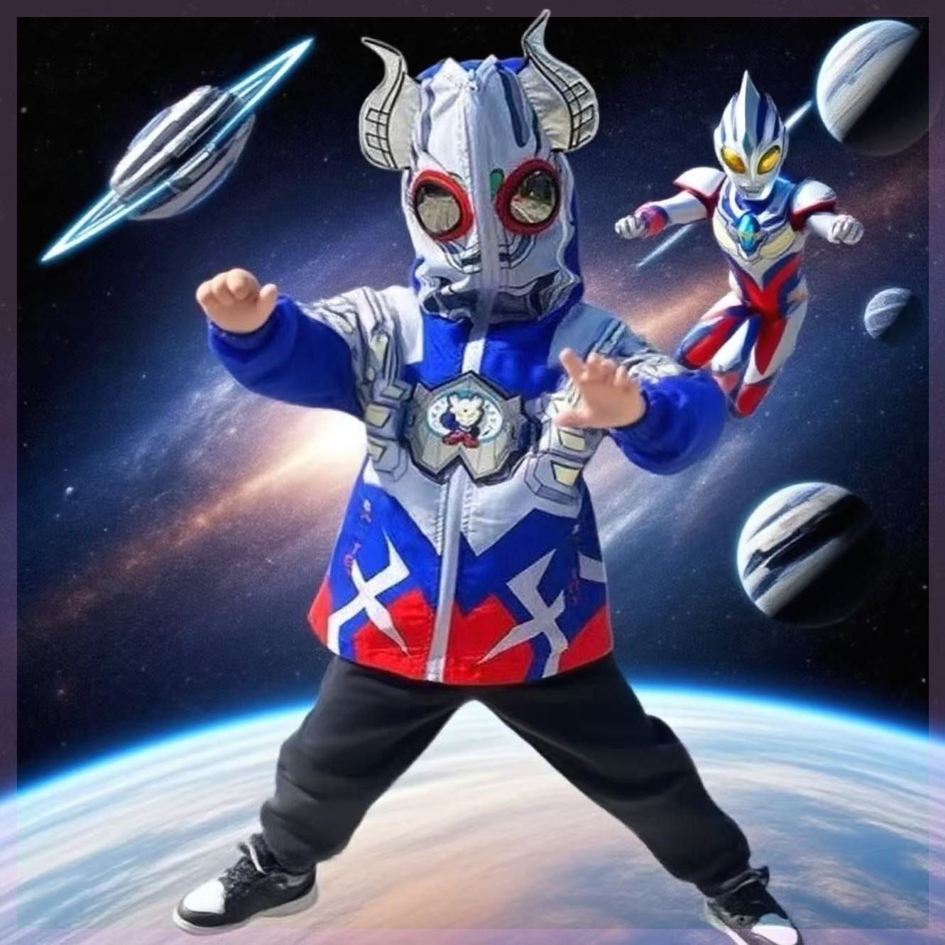 加厚外套赛罗迪迦连帽带眼镜秋冬季奥特曼衣服加绒冲锋衣男童亮灯