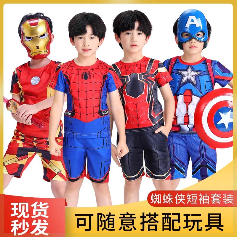 儿童短袖男孩cos服装六一儿童节演出服钢铁侠美国队长蜘蛛侠衣服