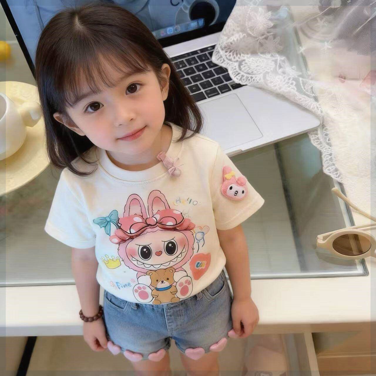 卡通立体公仔宝宝洋气可爱女孩女童夏季纯棉短袖T恤拉布布亲子装