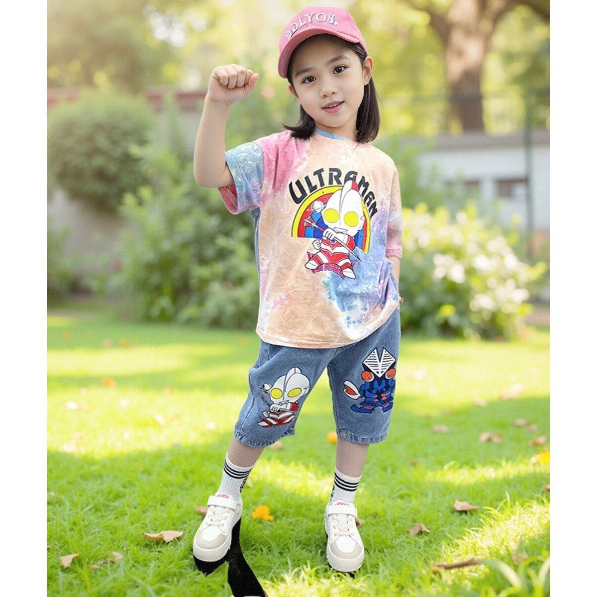 赛罗女童罗短袖套装纯棉T恤2025新款女孩发光牛仔裤两件套