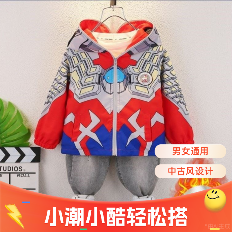 清仓男童赛罗小赛罗春秋装发光外套薄款冲锋衣连帽带眼镜男孩儿童