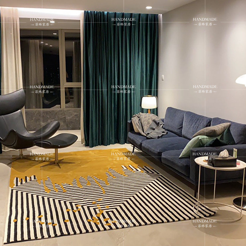 个性创意沙发茶几小地毯男孩儿童房床边轻奢北欧黑白条纹复古地垫