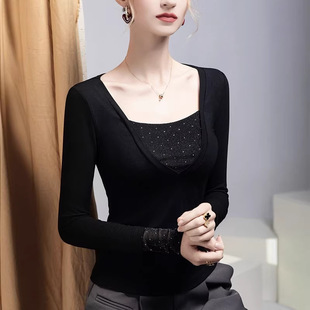 打底衫 黑色修身 内搭上衣 T恤女2026春季 静奢风烫钻拼接方领长袖