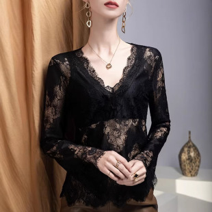 新款 2026春季 宽松外搭上衣洋气 女长袖 气质v领提花蕾丝罩衫