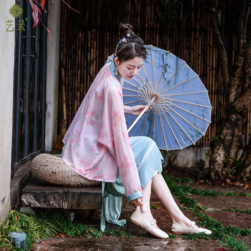 艺录新中式女装 春夏长袖佳人古风国风开衫半身裙改良汉服女3件套