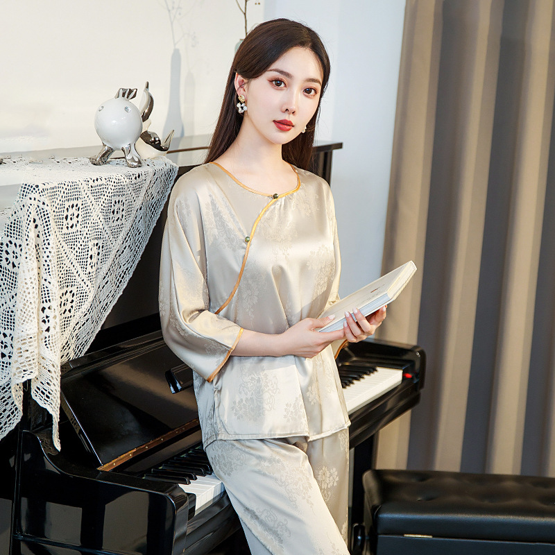 艺录冰丝睡衣女夏季中式国风套装仿真丝缎面套头提花居家服可外穿