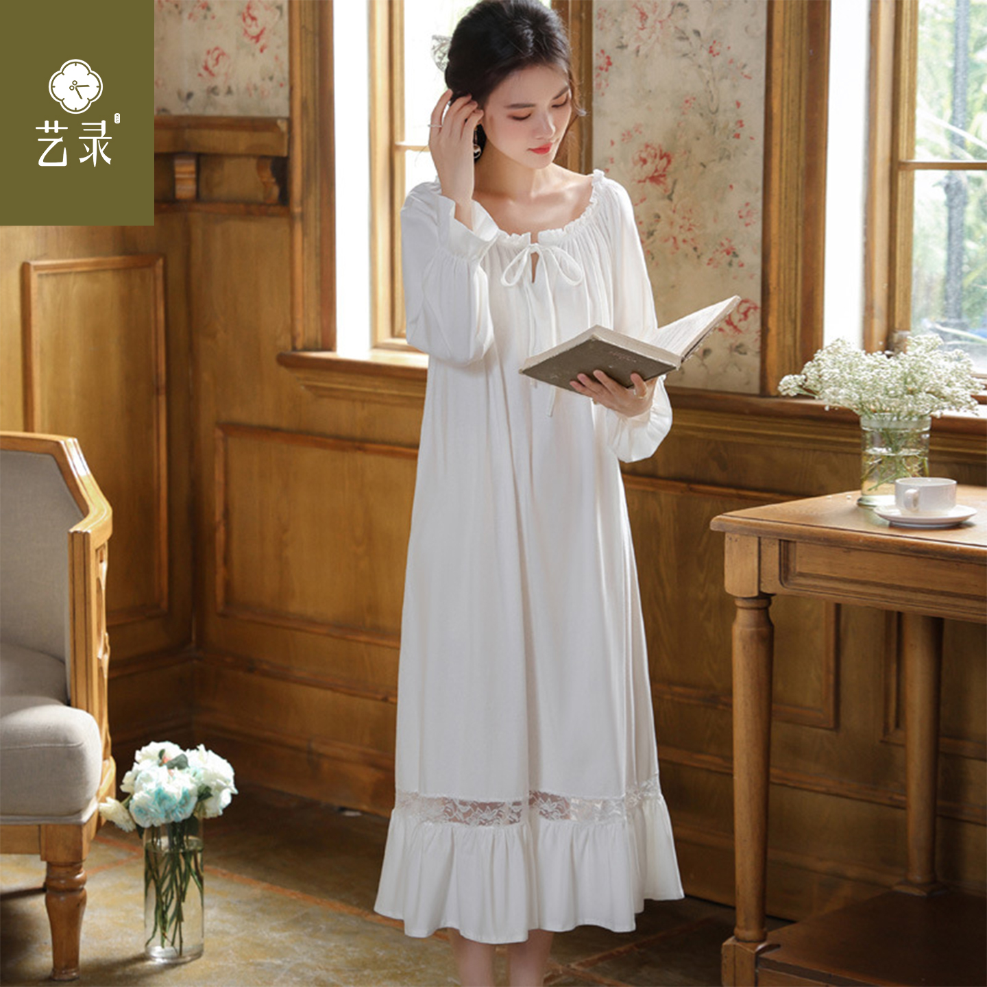 艺录长袖睡裙女秋季法式复古宫廷风宽松大码蕾丝睡衣可外穿家居服