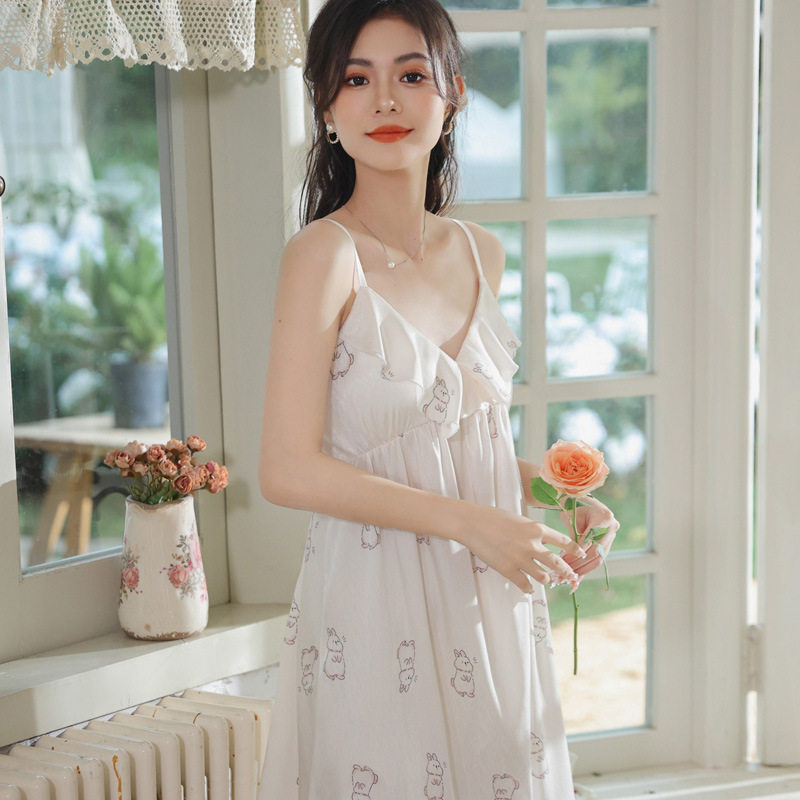 艺录薄款吊带睡裙女夏季印花可爱中长款冰丝睡衣裙带胸垫可外穿图片
