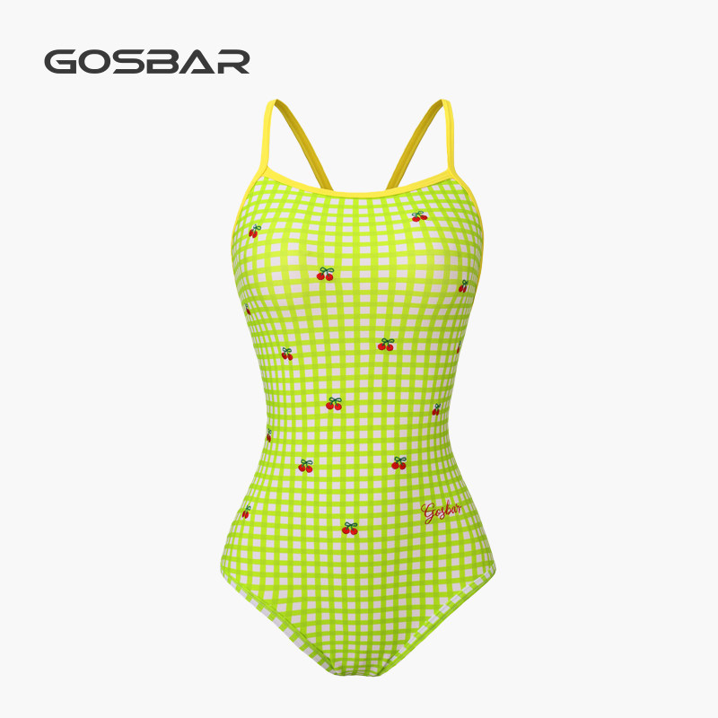 gosbar泳衣2025新款女竞速专业运动训练连体游泳馆低叉樱桃刺绣