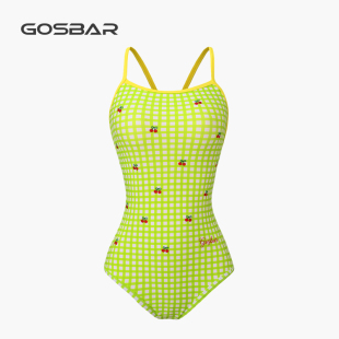 gosbar泳衣2025新款 女竞速专业运动训练连体游泳馆低叉樱桃刺绣
