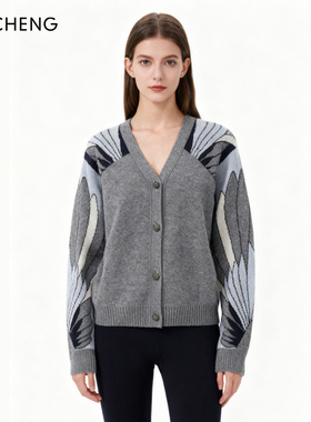 Ji Cheng通勤风开衫 原创设计绵羊毛针织长袖衫 气质灰色毛衣外套