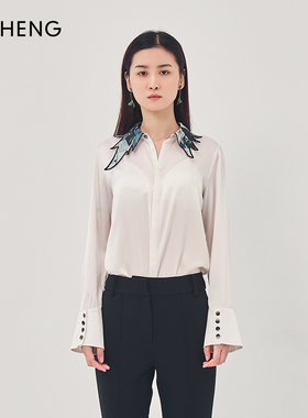 Ji Cheng【吉承×V&A博物馆联名】印花领口翅膀女真丝衬衣2903