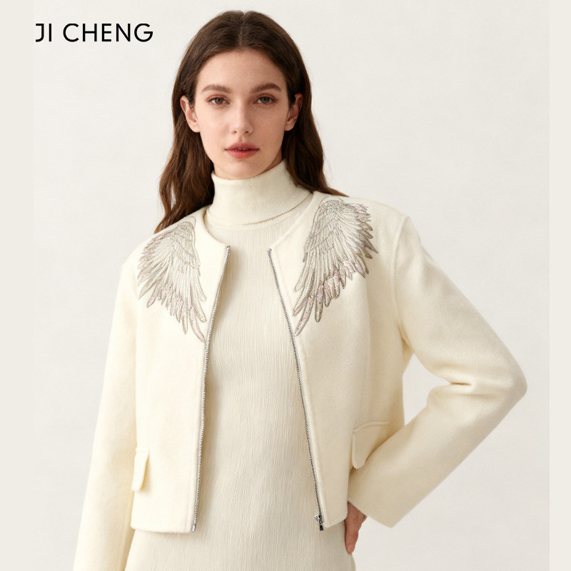 Ji Cheng吉承原创绵羊毛拉链短外套秋冬双面呢翅膀刺绣短款大衣