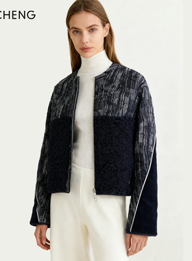 Ji Cheng吉承设计师原创新款摇粒绒短款夹克外套藏青色休闲机车服