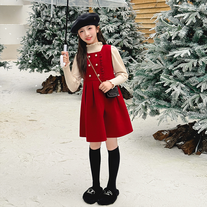 女童巨好看的连衣裙冬新年拜年服加绒加厚背心裙套装2025新款洋气