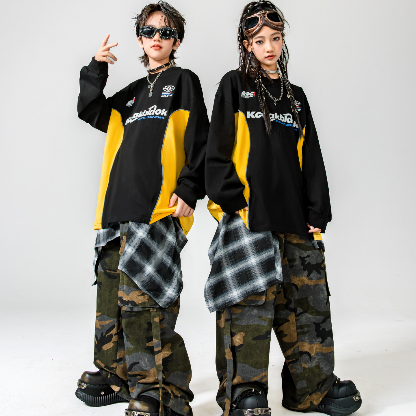 儿童街舞演出服潮痞帅风舞台服男女童撞色卫衣套装hiphop嘻哈炸街