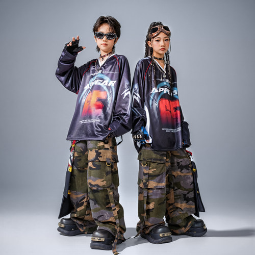 儿童街舞演出服嘻哈hiphop男女童美式复古风套装少儿痞帅潮酷服装