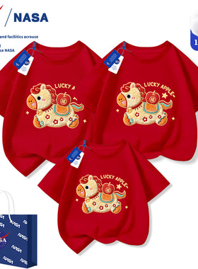 NASA马年仿刺绣印花T恤男女童本命年服过年春节年会活动纯棉短袖