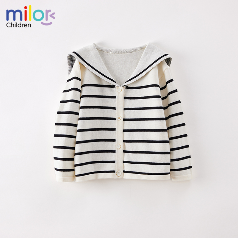 女童条纹毛衣海军领针织衫