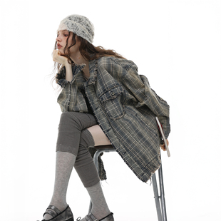 美式潮牌复古水洗流苏毛边格纹短外套女秋季新款宽松休闲夹克上衣