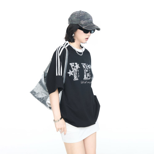 美式高街潮牌纯棉三条杠印花短袖T恤女夏季百搭休闲宽松情侣上衣
