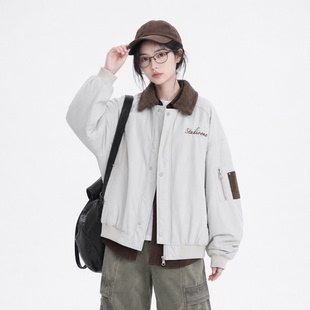 美式拼接棒球服棉服女2026新款冬季复古夹棉外套宽松情侣冬天棉衣