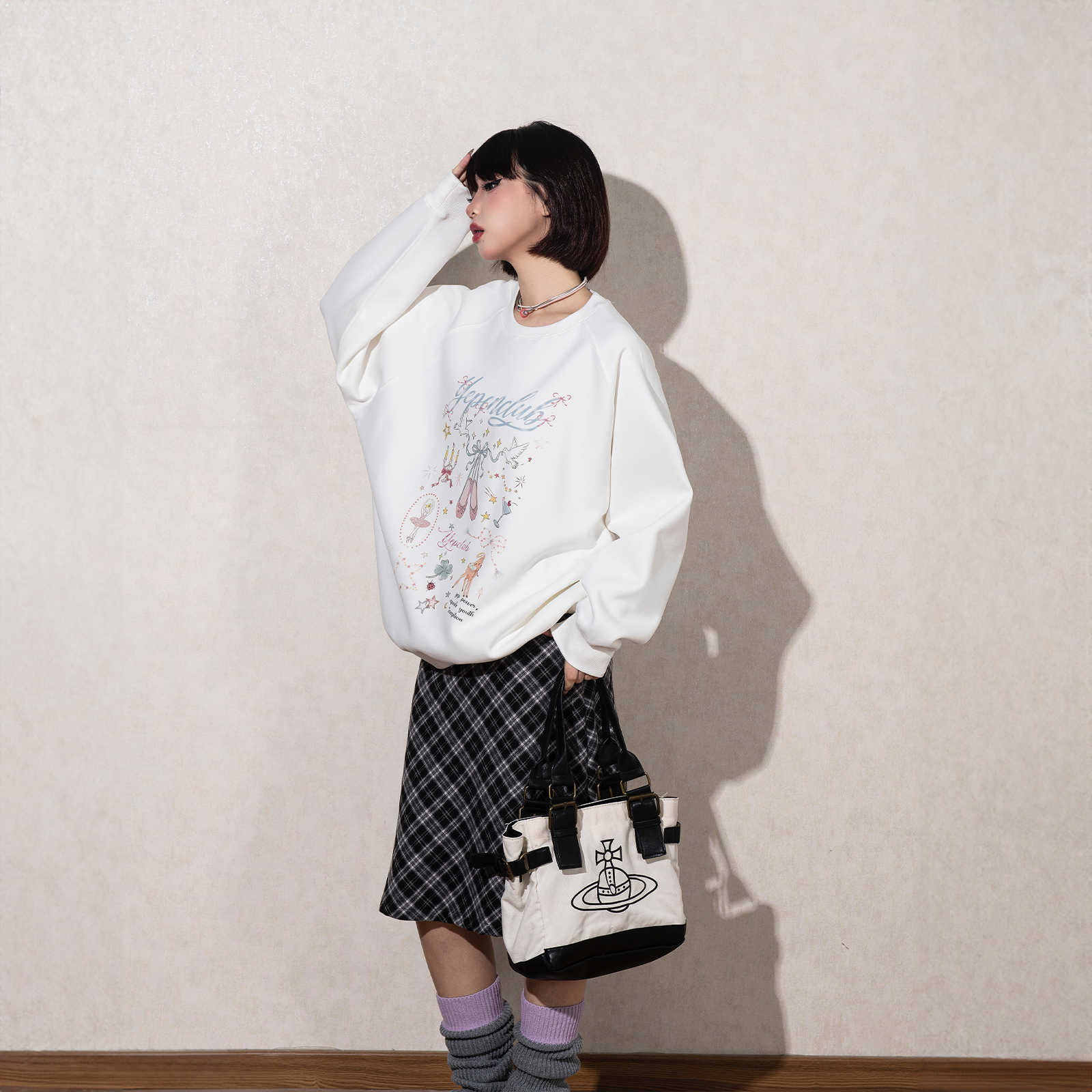 YEP复古蝴蝶结印花卫衣女春秋新款插肩袖加厚宽松无帽上衣潮加绒