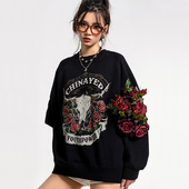 yep美式 复古玫瑰卫衣女春秋圆领小众设计感上衣ins潮牌情侣装