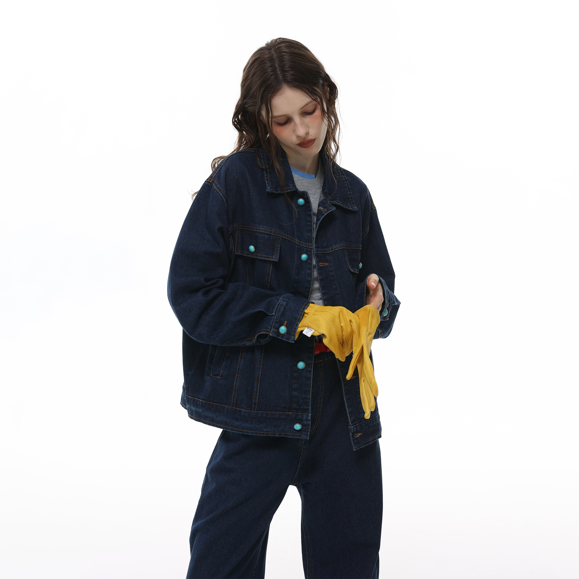 美式潮牌复古绿松石纽扣牛仔外套女秋季新款宽松情侣工装夹克上衣