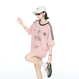 上衣 2025夏季 新款 撞色三道杠宽松印花短袖 T恤女ins风纯棉情侣半袖