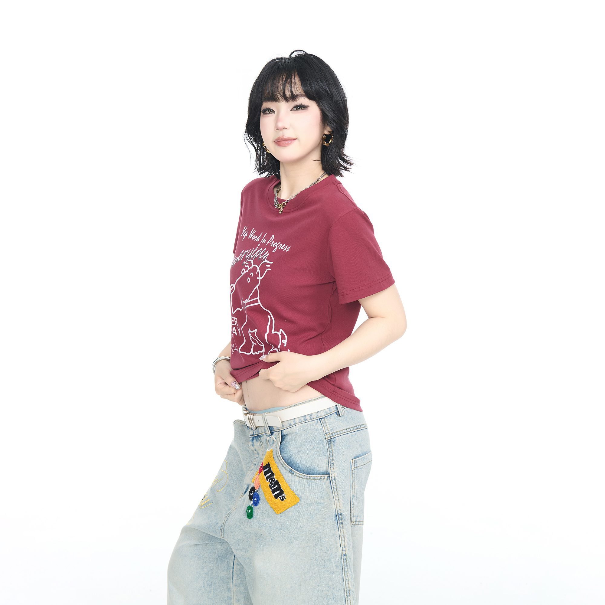 2025夏季新款短款修身正肩印花短袖T恤女美式ins街头风半袖上衣潮