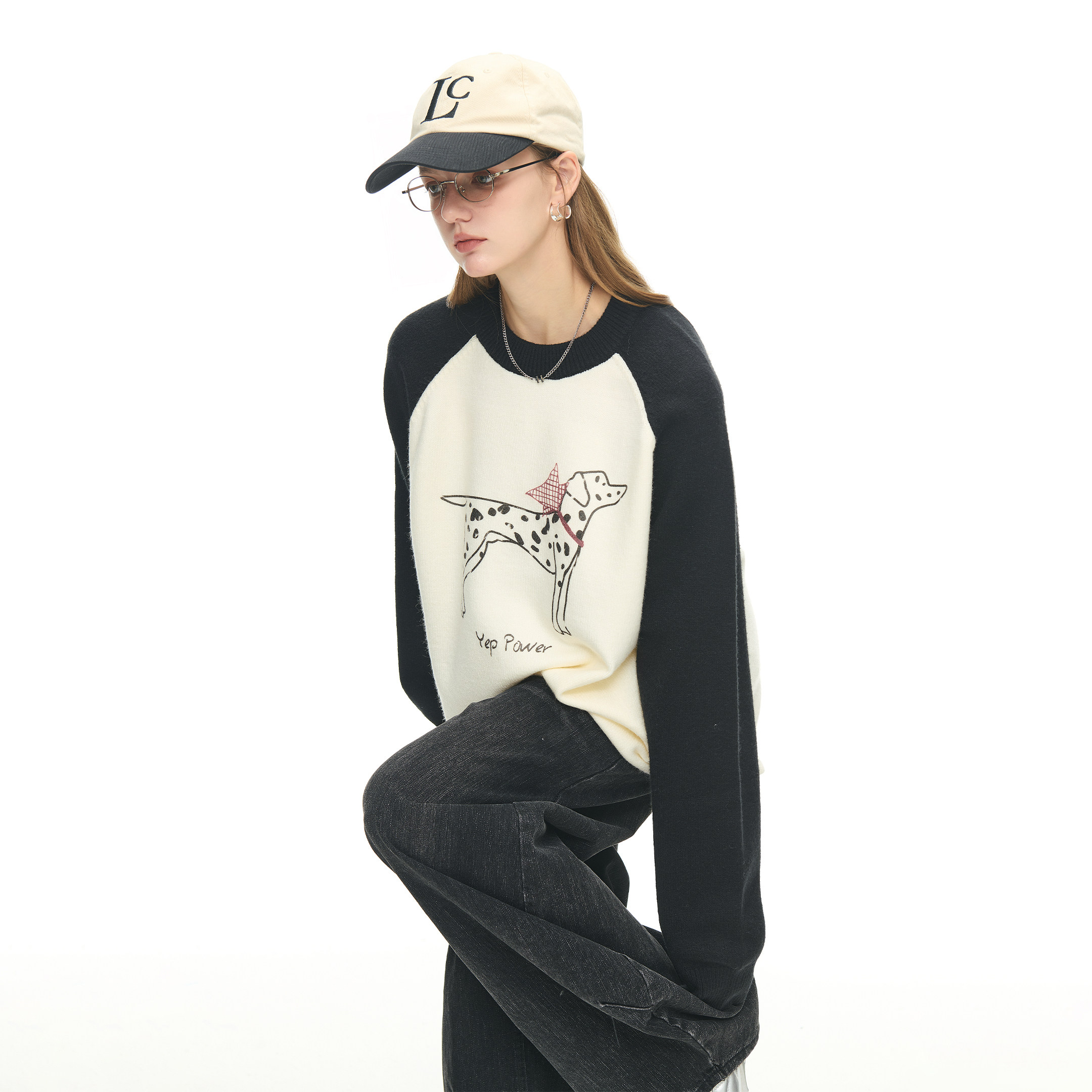 美式潮牌创意印花撞色圆领毛衣女秋冬新款宽松休闲情侣套头针织衫